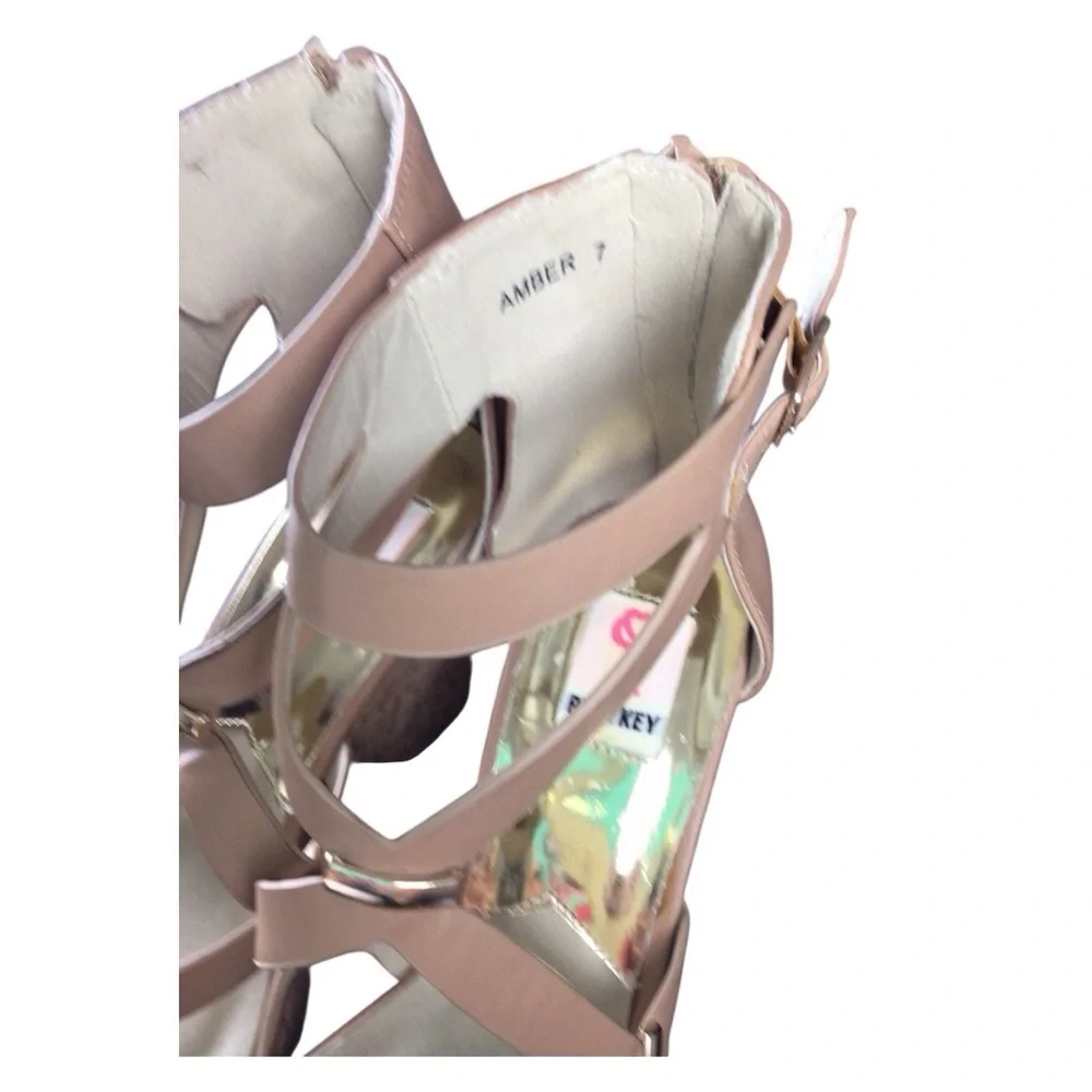 Pink Key Tan Strappy Cork Wedge Sandals size 7